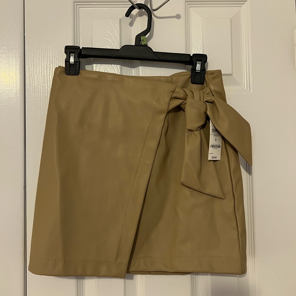 Tie-Waist Faux Leather Mini Skirt in Tan